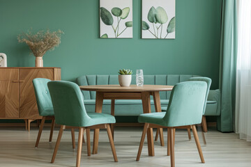 Modern dining room interior with wooden furniture and green accents. Home decor and design.