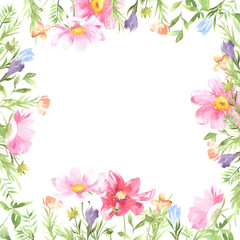watercolor frame of wild and garden flowers