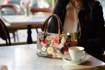 person at cafe, floral handbag on table - obrazy, fototapety, plakaty