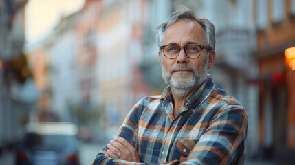 A mature man with glasses and gray hair, wearing a plaid shirt stands confidently with his arms crossed against a blurred urban background.