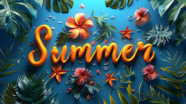 Summer background with tropical leaves and flowers. 3d render illustration.
