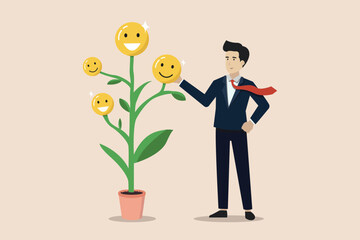 Wellbeing, happiness or positive attitude, relaxation to reduce anxiety increasing positive emotion, man growing seed plant happy smiling face