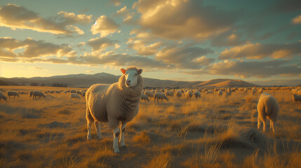 Group of sheep grazing in paddock at farm - obrazy, fototapety, plakaty