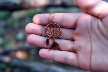 closeup of a hand holding a dreamcatcher earring - obrazy, fototapety, plakaty
