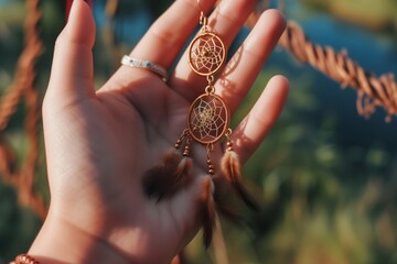 closeup of a hand holding a dreamcatcher earring - obrazy, fototapety, plakaty