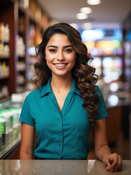 Portrait of smiling young hispanic woman as cashier on uniform in a pharmacy background from Generative AI