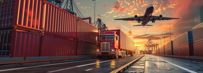 
A comprehensive logistics scene depicting the import and export of cargo containers across air, sea, and land transportation networks