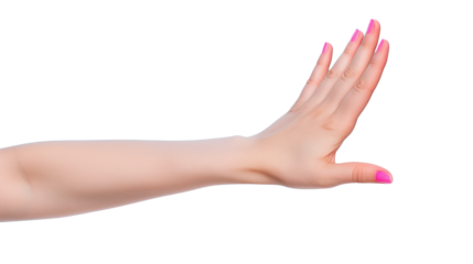 Isolated caucasian female hand with pink manicure on white background. Flashing palm, gesture nope. Concept of setting healthy boundaries, communication skills, good relationships.
