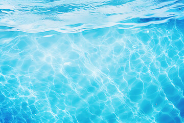 Fototapeta premium Clear blue water surface with beautiful splashing ripples and soap bubbles. Abstract summer banner background