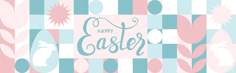 Seamless background for the spring holiday of Easter with a texture of circles and squares. Mosaic with geometric shapes, pastel background with eggs and hares.