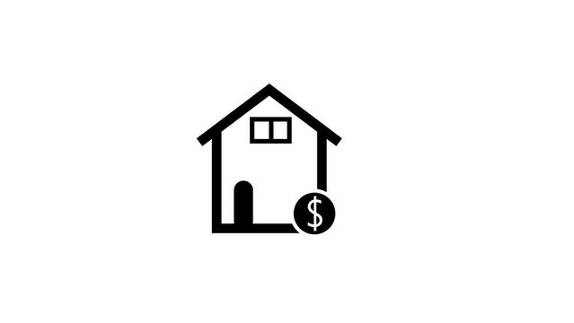 Simple black color bank icon animation on white background. House with dollar icon Business concept animation.