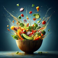 Colorful Fruits, fruitjuices and nuts splashing with water  