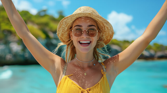 Portrait of a happy young woman in sunglasses and straw hat at the beach