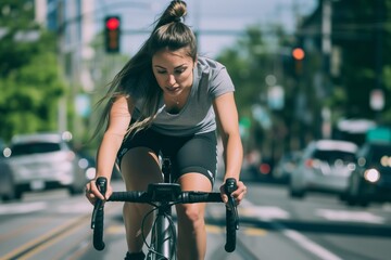female cyclist with a low ponytail riding in a bike lane