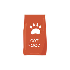 Vector packaging of cat food, with paw. Flat pack with pet food. Concept for pet products, pet food, veterinary clinic. Illustration eps 10 on a white background.