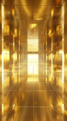 The stark geometry of a luminous gold corridor is highlighted by the interplay of light and shadow. The architectural design exudes a minimalist yet rich aesthetic appeal.