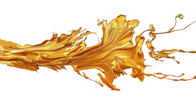 Abstract art of a vibrant gold paint stroke isolated on transparent background