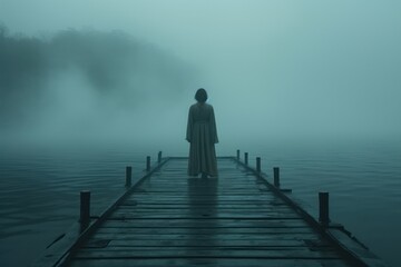 person standing on a pier in the fog - obrazy, fototapety, plakaty