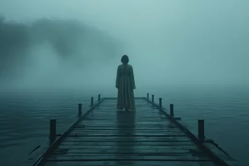 Schilderijen op glas person standing on a pier in the fog © olegganko