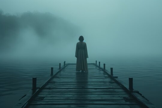 Fototapeta person standing on a pier in the fog