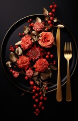 a black plate with flowers and a fork