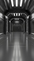 A dark, atmospheric hallway leads to a lighted door at the end, suggesting a passage to another dimension or a secretive location within a sci-fi environment.