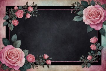 vintage frame with pink rose flowers, card design with copy space, perfect for cards, book illustrations, scrapbooking