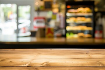 empty table with a blurred sandwich display cooler in the back