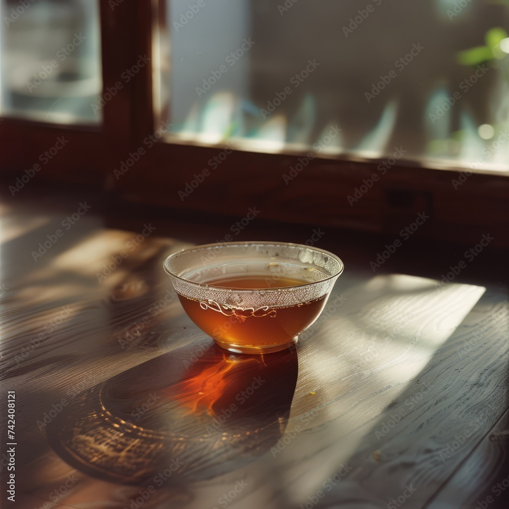 Wall mural cup of tea on wooden table