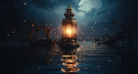 a lantern is on the ground above a water surface with the moon below it - obrazy, fototapety, plakaty