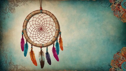 dream catcher on vintage watercolor background with copy space