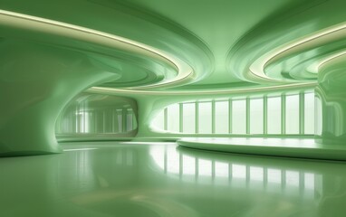 Soft green light envelops a sci-fi corridor, its curved architecture creating a sense of calm and advancement. The corridor offers a passage to futuristic possibilities.