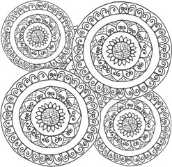 Circle patterns resembling mandalas for Henna, Mehndi, tattoos, decorating ornamental designs in ethnic oriental style, and coloring book pages