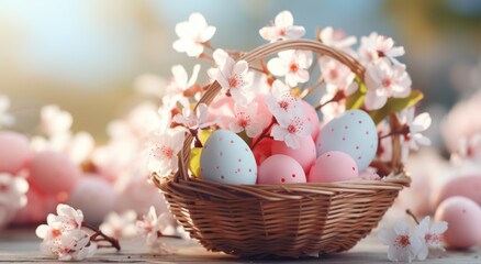 colorful Easter eggs in spring in white baskets on sunny background spring background