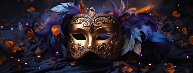 carnival mask in blue and purple color background with feathers