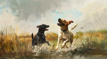Dogs playing on a field.