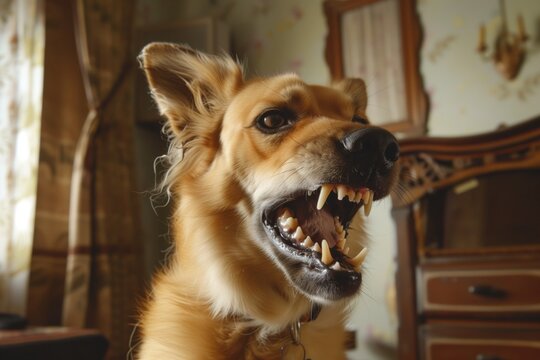 growling dog with raised hackles indoors