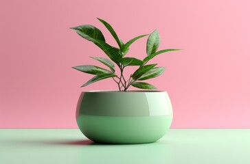 green flower pot in pink background with green leaf