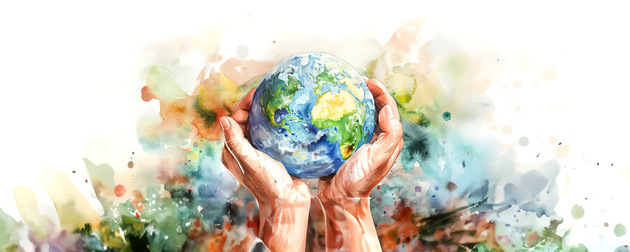 Hands gently cradle a vibrant Earth, surrounded by a colorful, abstract splash of creativity and hope, in watercolor style