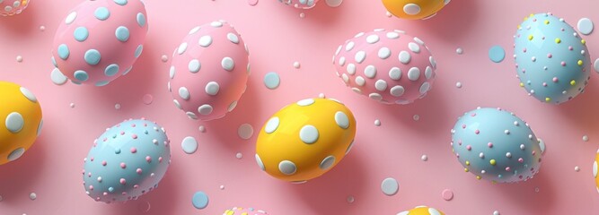 Fototapeta na wymiar brightly decorated easter eggs on a pink background with white dots
