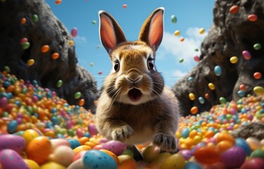 Fototapeta na wymiar rabbit running with colored eggs