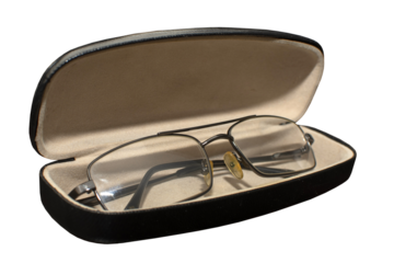 Close up view of a eyeglasses in a case isolated