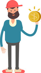 Man Wearing Red Cap Character Holding Dollar Coin

