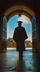 Person in Graduation Gown Walking Into a Building
