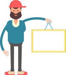 Man Wearing Red Cap Character Holding Blank Signage
