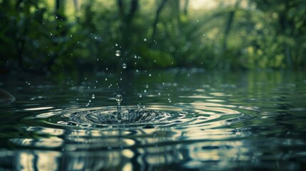A serene image of a single drop of water falling into a calm pond, creating ripples that spread outward, representing the interconnectedness of ecosystems and the impact of individual actions on the e