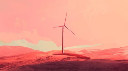 An illustration of a single wind turbine spinning gracefully against a backdrop of rolling hills, showcasing the beauty and power of wind energy in a minimalist style.

