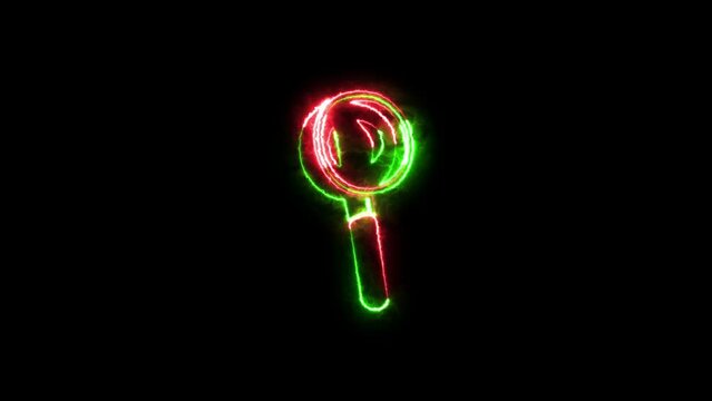 Magnifying glass icon neon fire green red color animation black background