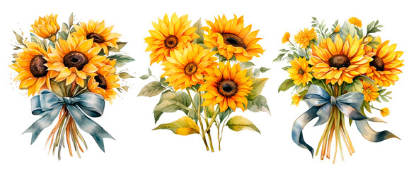 Sunflower watercolor set isolated on white background. Summer yellow blossom flowers collection. Hand drawn illustration