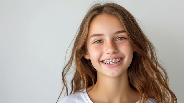Joyful teenage girl with braces smiling against a white background